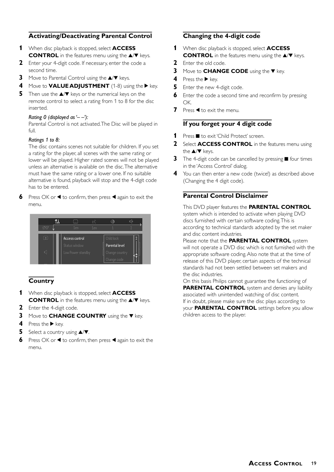 Philips DVD-722 Activating/Deactivating Parental Control, Country, Changing the 4-digit code, Parental Control Disclaimer 