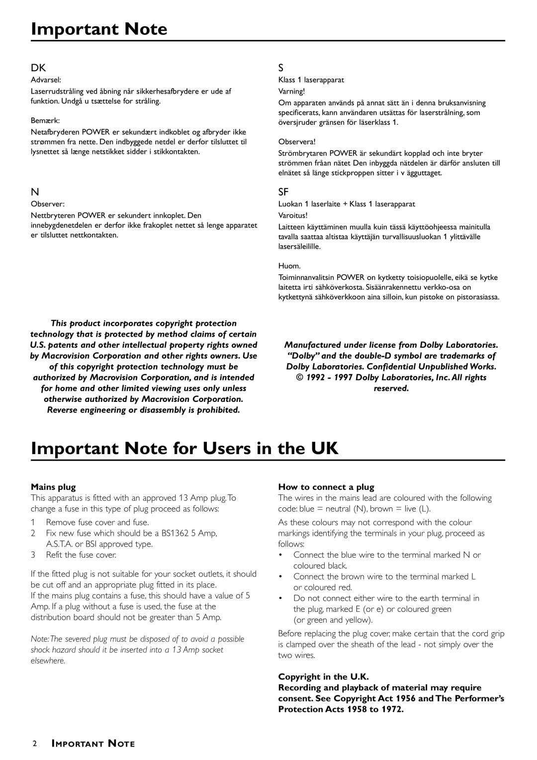 Philips DVD-722 manual Important Note for Users in the UK, Mains plug, How to connect a plug 