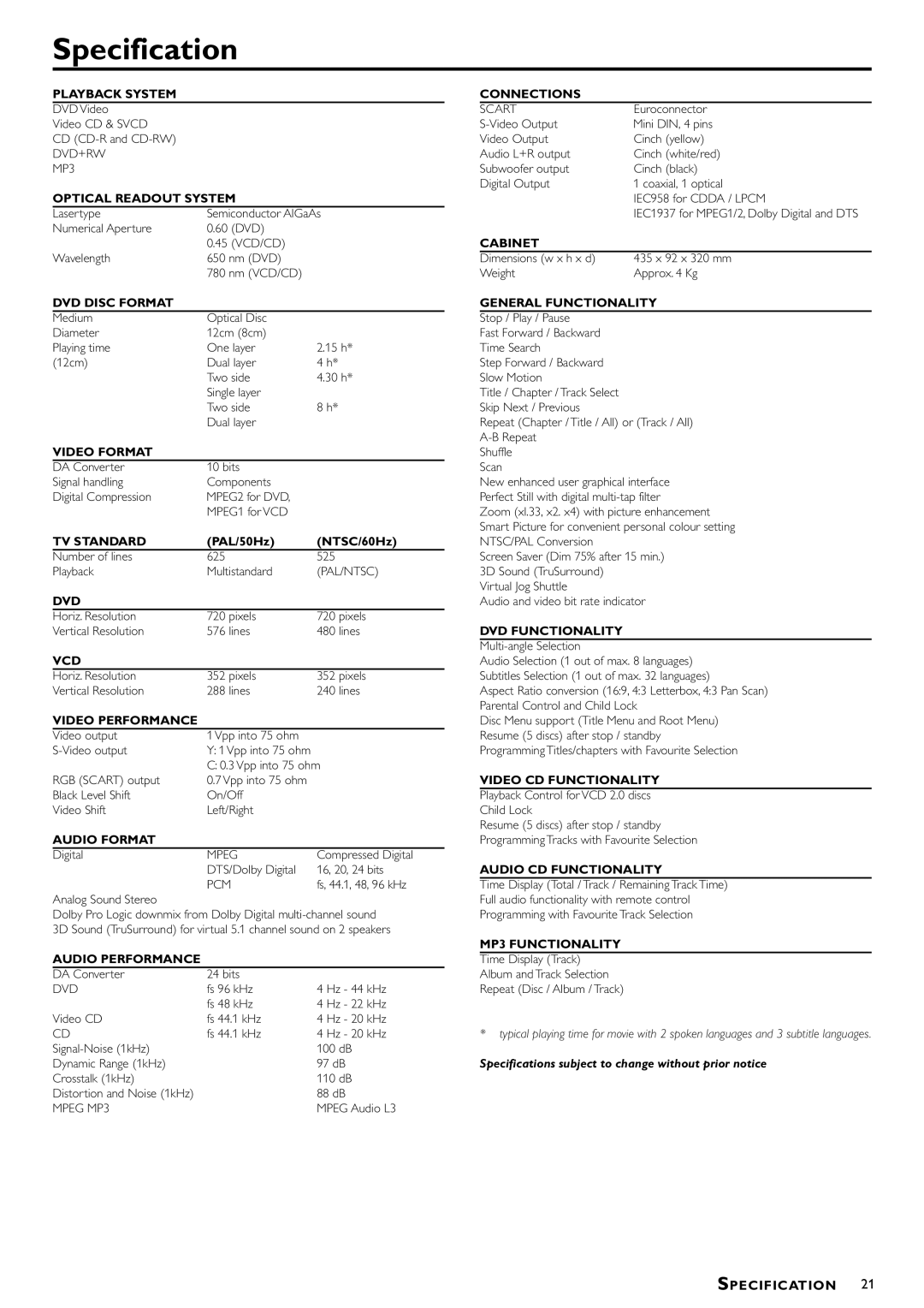 Philips DVD-722 manual Specification, Optical Readout System 