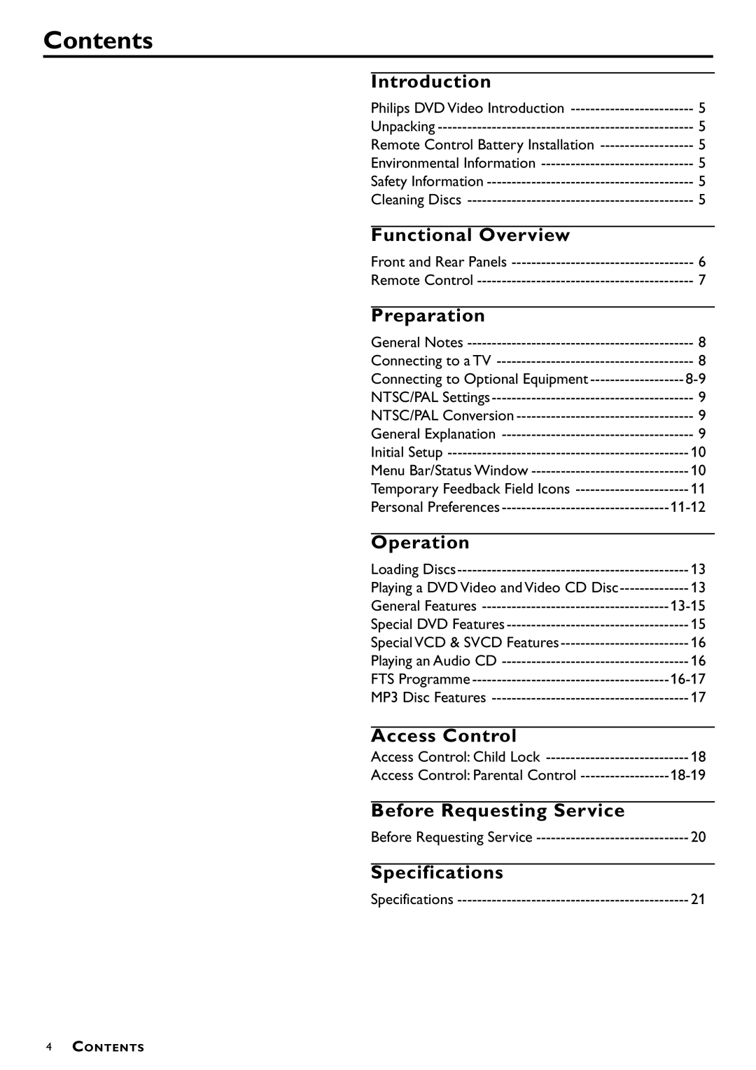 Philips DVD-722 manual Contents 