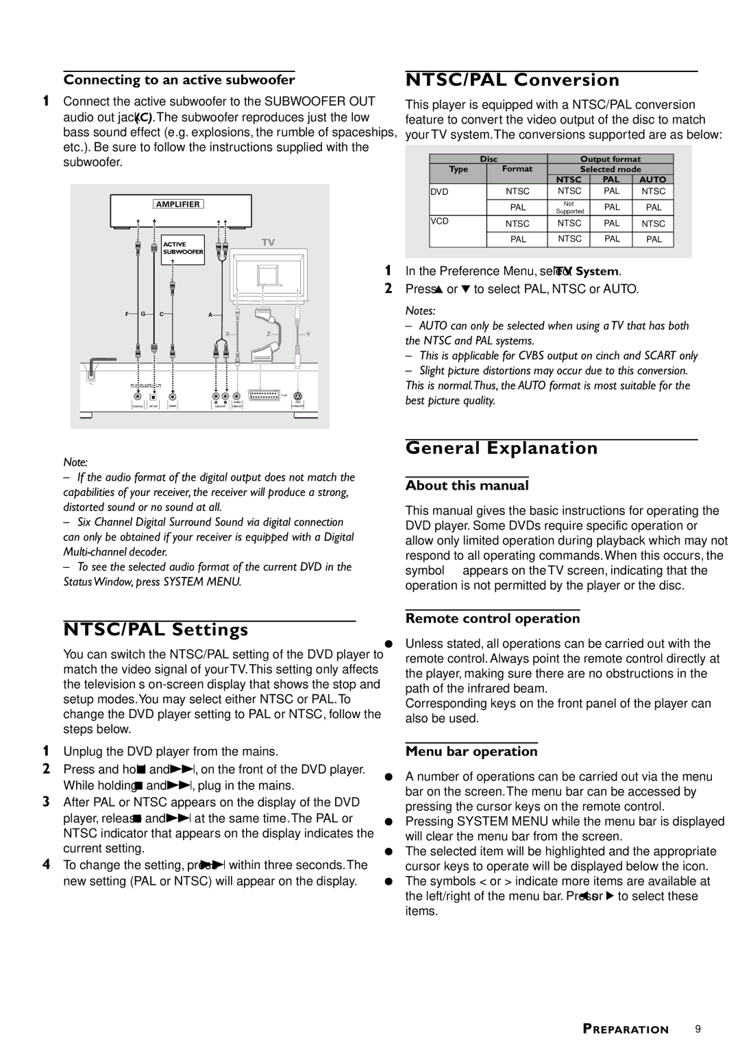 Philips DVD-722 manual NTSC/PAL Conversion, General Explanation, NTSC/PAL Settings 