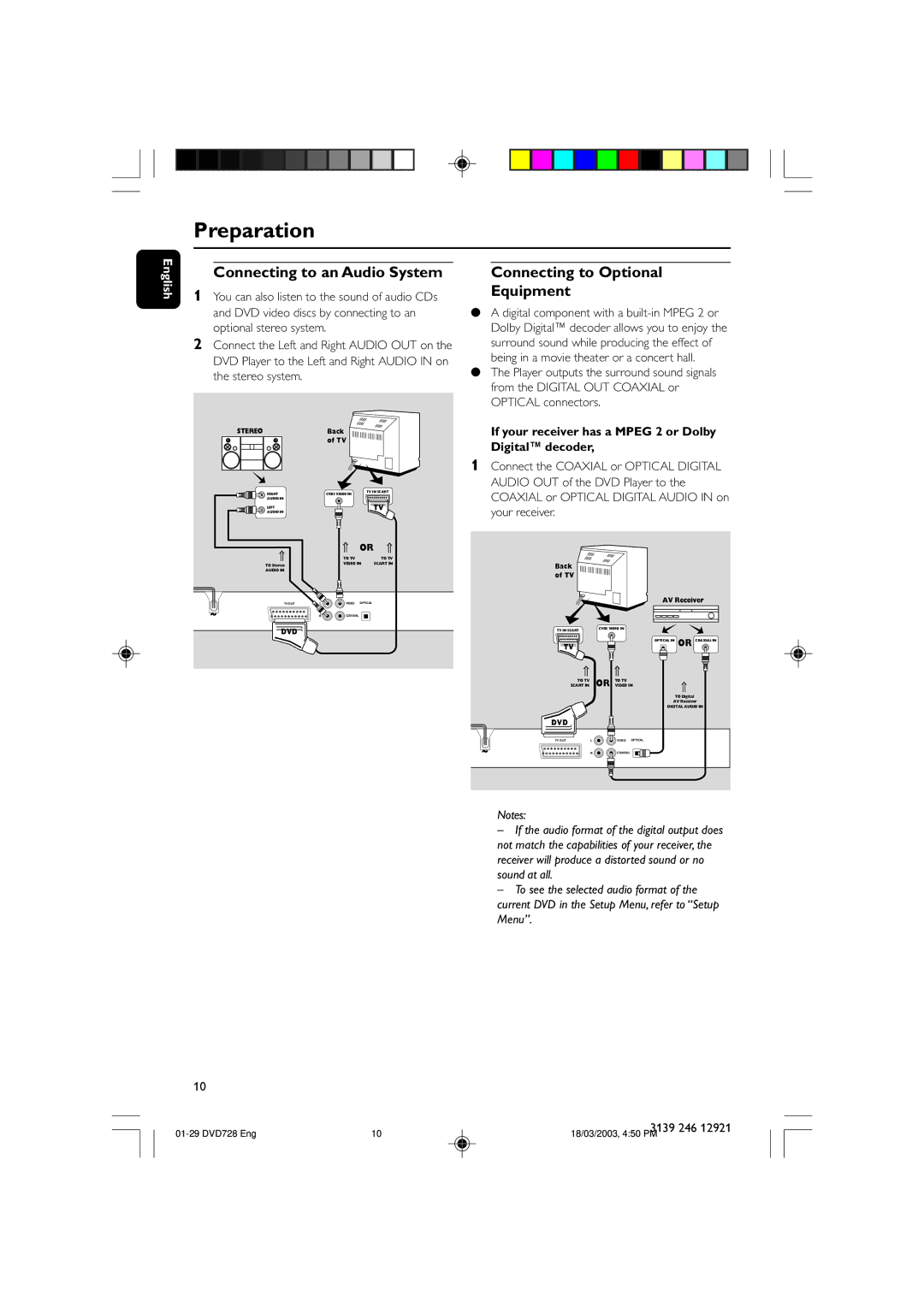 Philips DVD 729, DVD 728 owner manual Preparation, Connecting to an Audio System, Connecting to Optional Equipment 