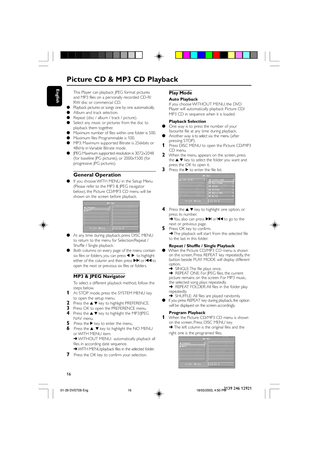 Philips DVD 729, DVD 728 owner manual Picture CD & MP3 CD Playback, MP3 & Jpeg Navigator, Play Mode 