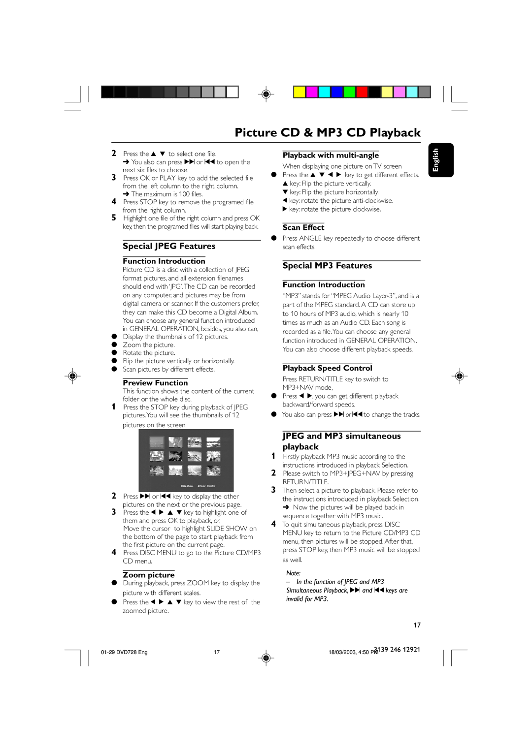 Philips DVD 728, DVD 729 owner manual Special Jpeg Features, Special MP3 Features, Jpeg and MP3 simultaneous playback 