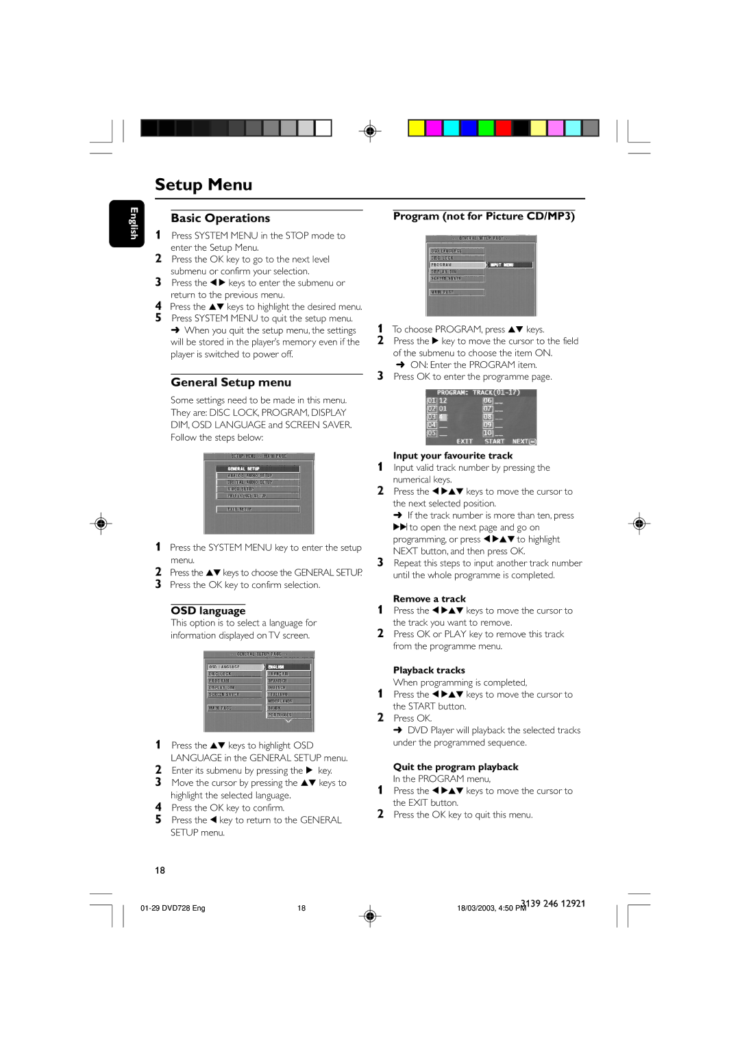 Philips DVD 729, DVD 728 Setup Menu, Basic Operations, General Setup menu, OSD language, Program not for Picture CD/MP3 