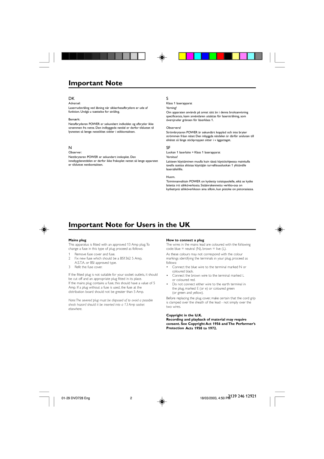 Philips DVD 729, DVD 728 owner manual Important Note 