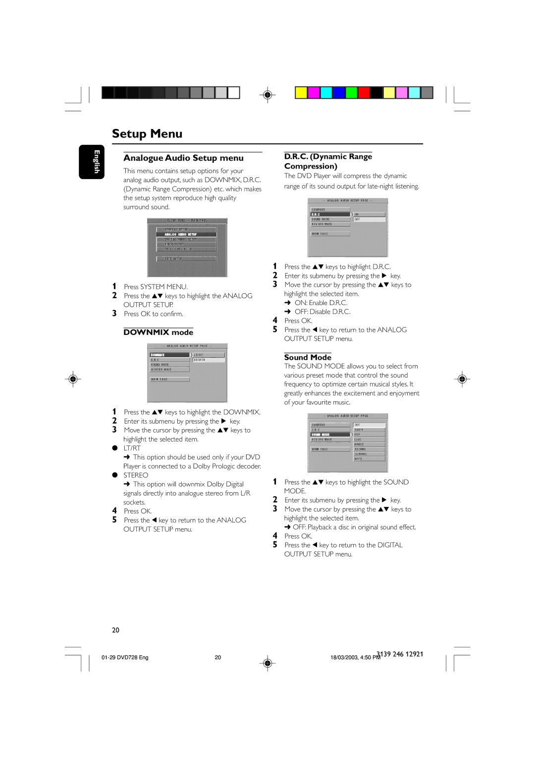 Philips DVD 729, DVD 728 owner manual Analogue Audio Setup menu, Downmix mode, C. Dynamic Range Compression, Sound Mode 