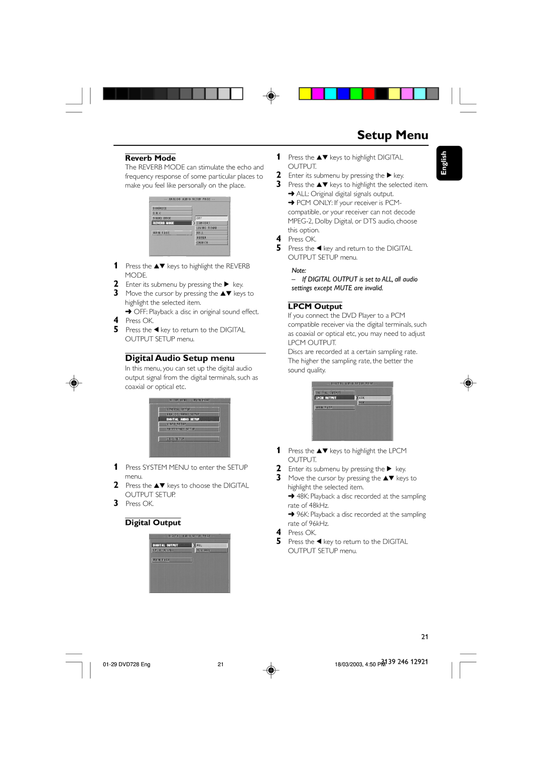 Philips DVD 728, DVD 729 owner manual Digital Audio Setup menu, Reverb Mode, Digital Output, Lpcm Output 