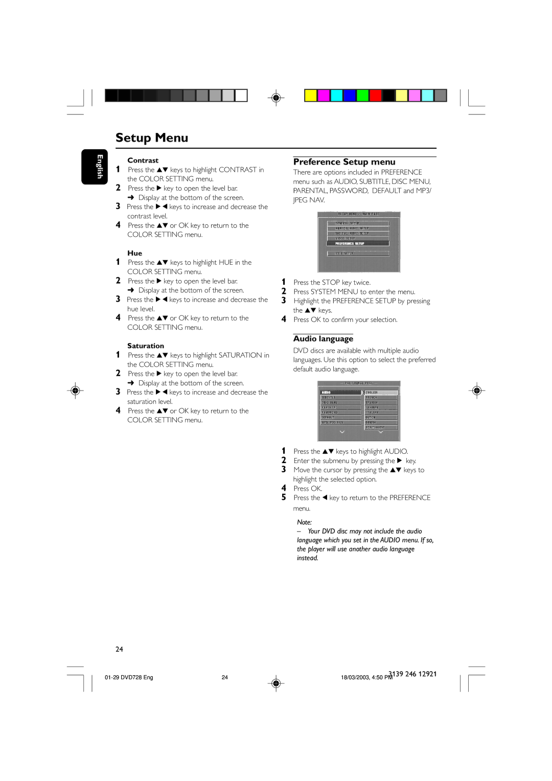 Philips DVD 729, DVD 728 owner manual Preference Setup menu, Audio language, Contrast, Hue, Saturation 