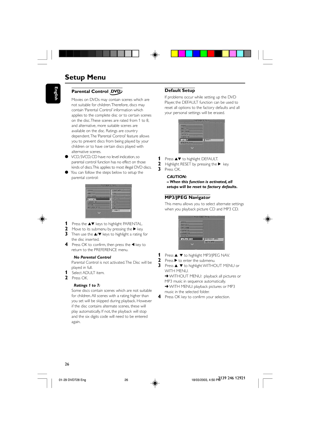 Philips DVD 729, DVD 728 owner manual Parental Control DVD, Default Setup, MP3/JPEG Navigator, With Menu 