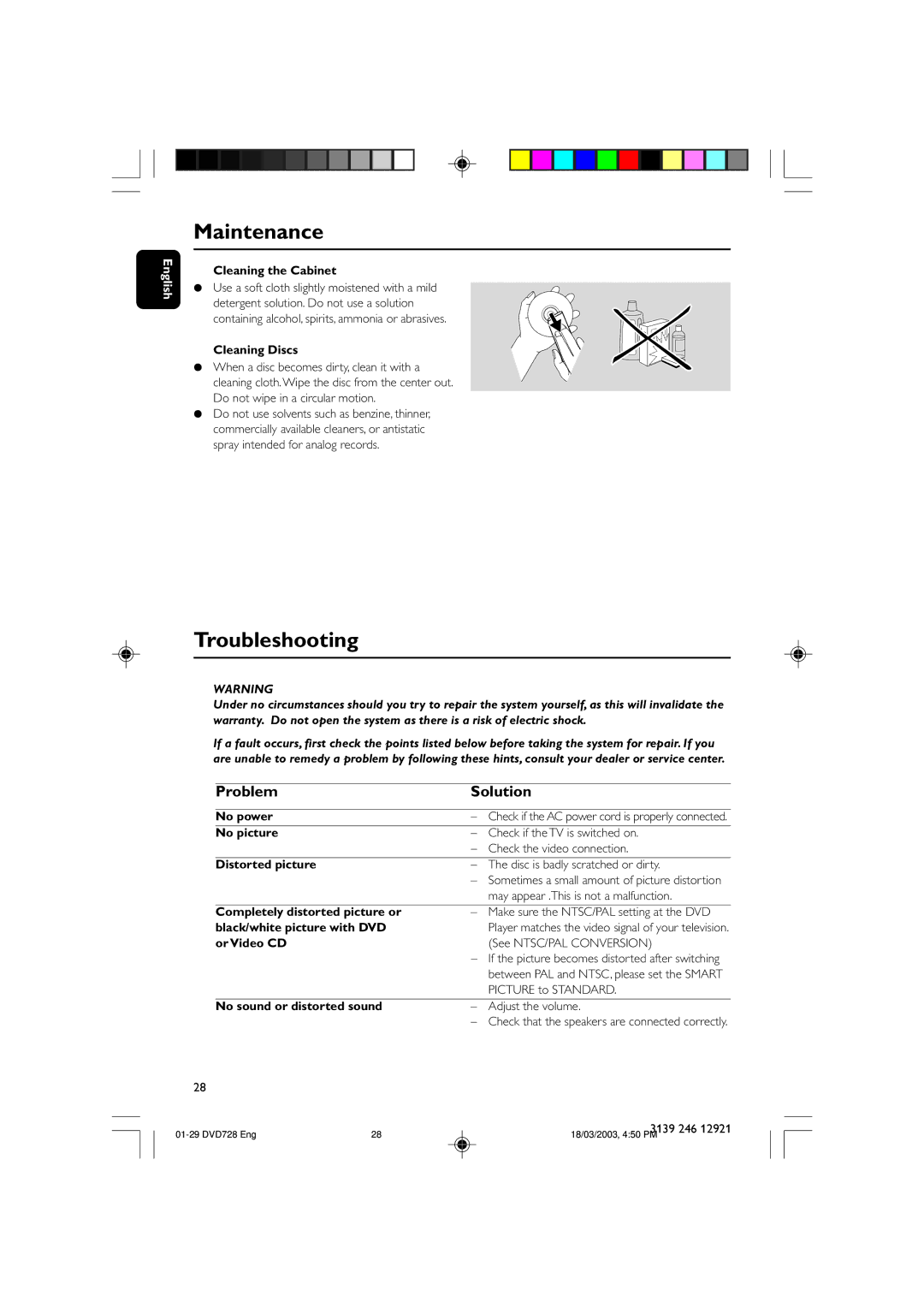 Philips DVD 729, DVD 728 owner manual Maintenance, Troubleshooting, Problem Solution 