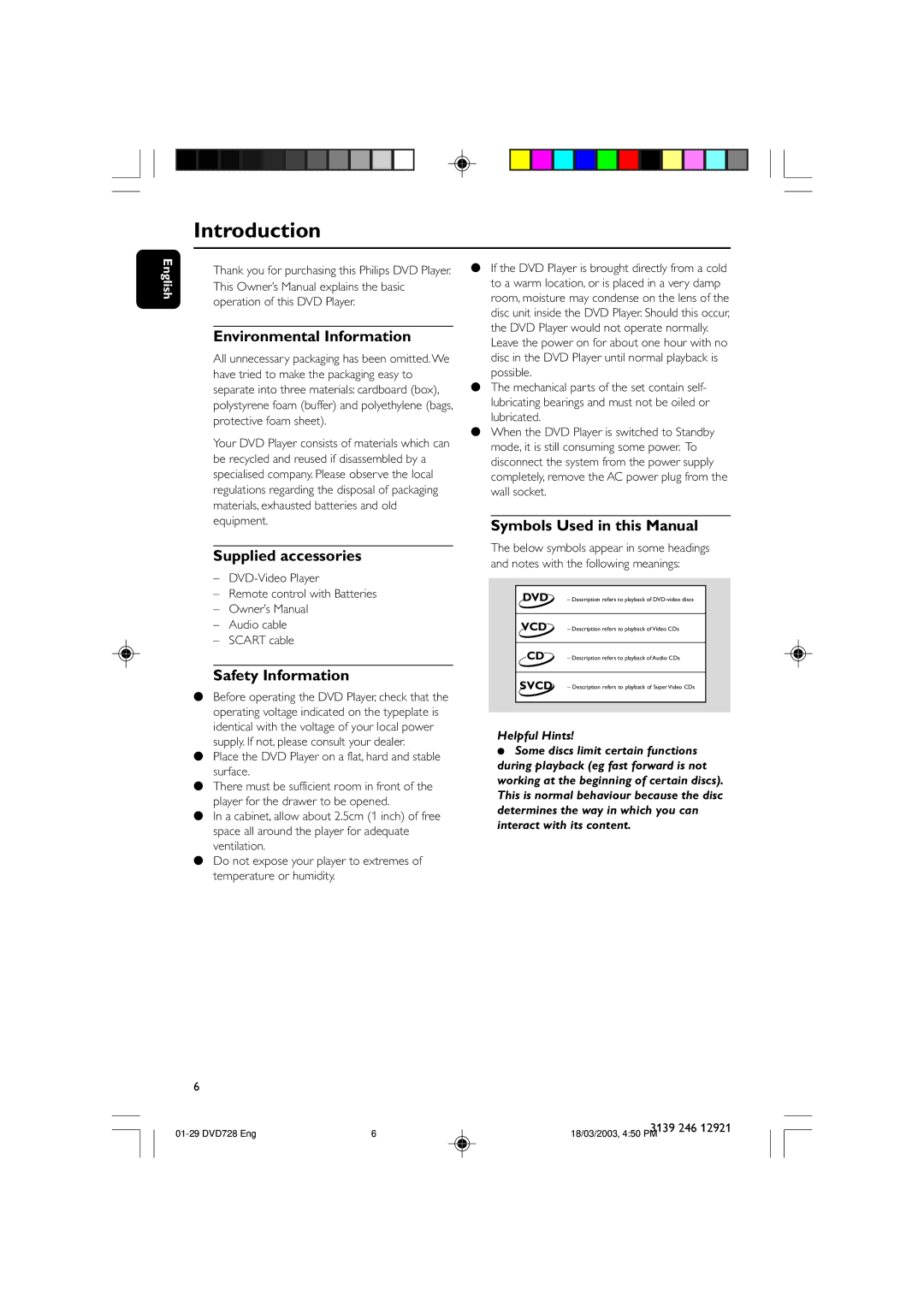 Philips DVD 729, DVD 728 owner manual Introduction, Environmental Information, Supplied accessories, Safety Information 