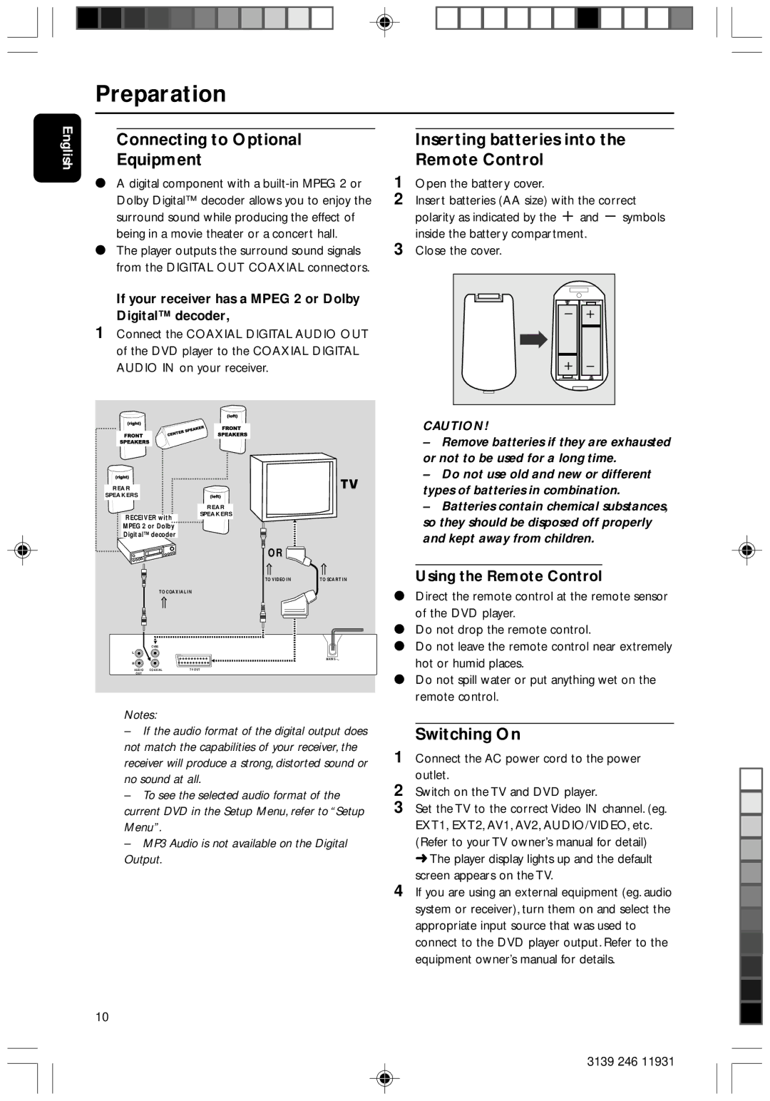 Philips Dvd 733 manual Connecting to Optional Equipment, Inserting batteries into the Remote Control, Switching On 