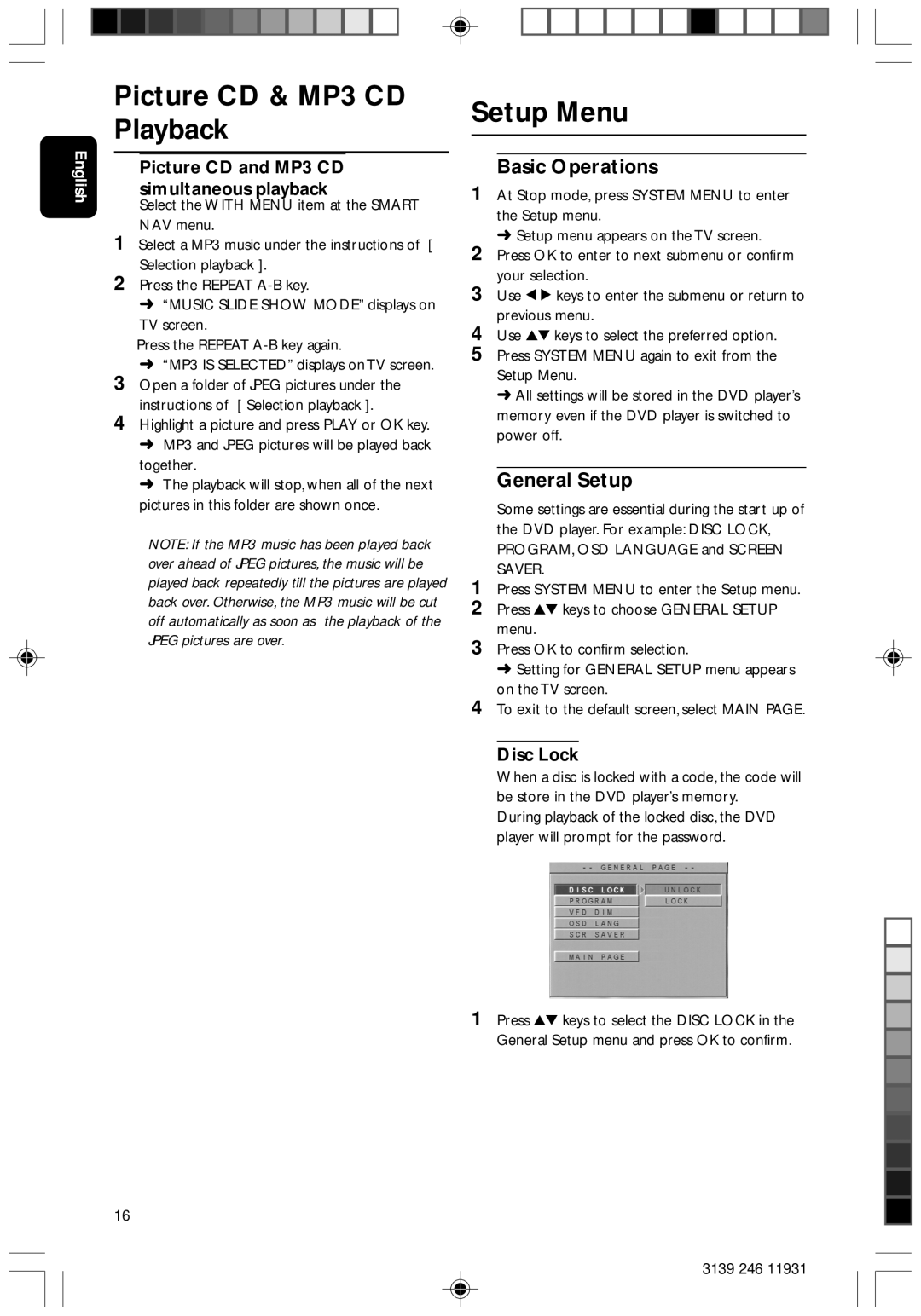 Philips Dvd 733 manual Setup Menu, Basic Operations, General Setup, Picture CD and MP3 CD simultaneous playback, Disc Lock 