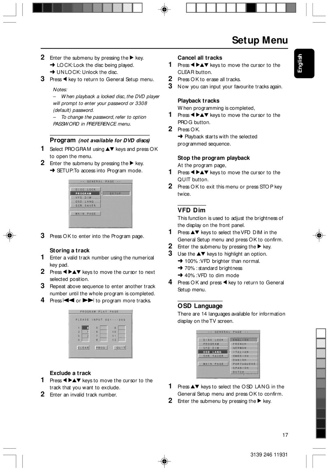 Philips Dvd 733 manual VFD Dim, OSD Language 