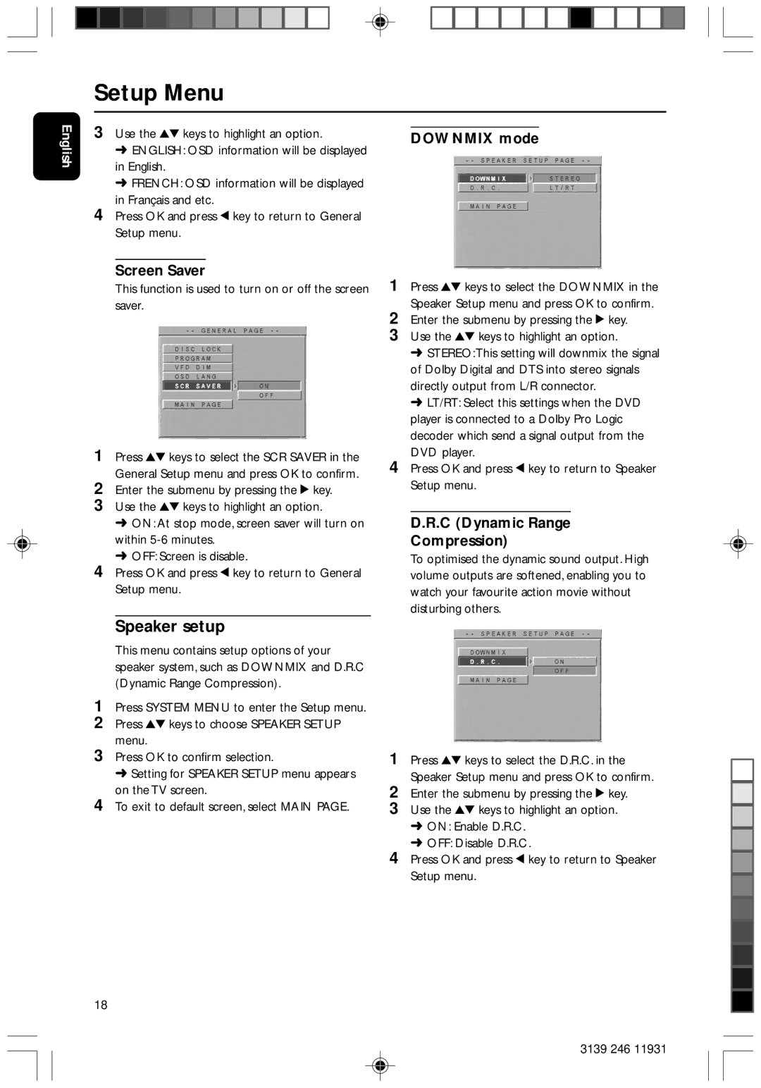 Philips Dvd 733 manual Speaker setup, Screen Saver, Downmix mode, C Dynamic Range Compression 