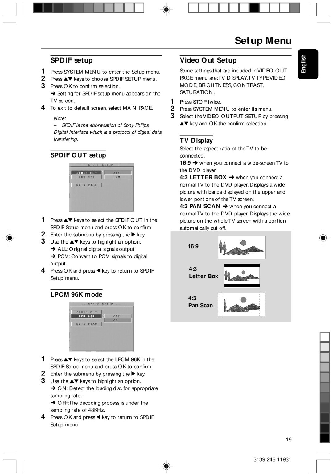 Philips Dvd 733 manual Spdif setup Video Out Setup, Spdif OUT setup, Lpcm 96K mode, TV Display, Letter Box Pan Scan 