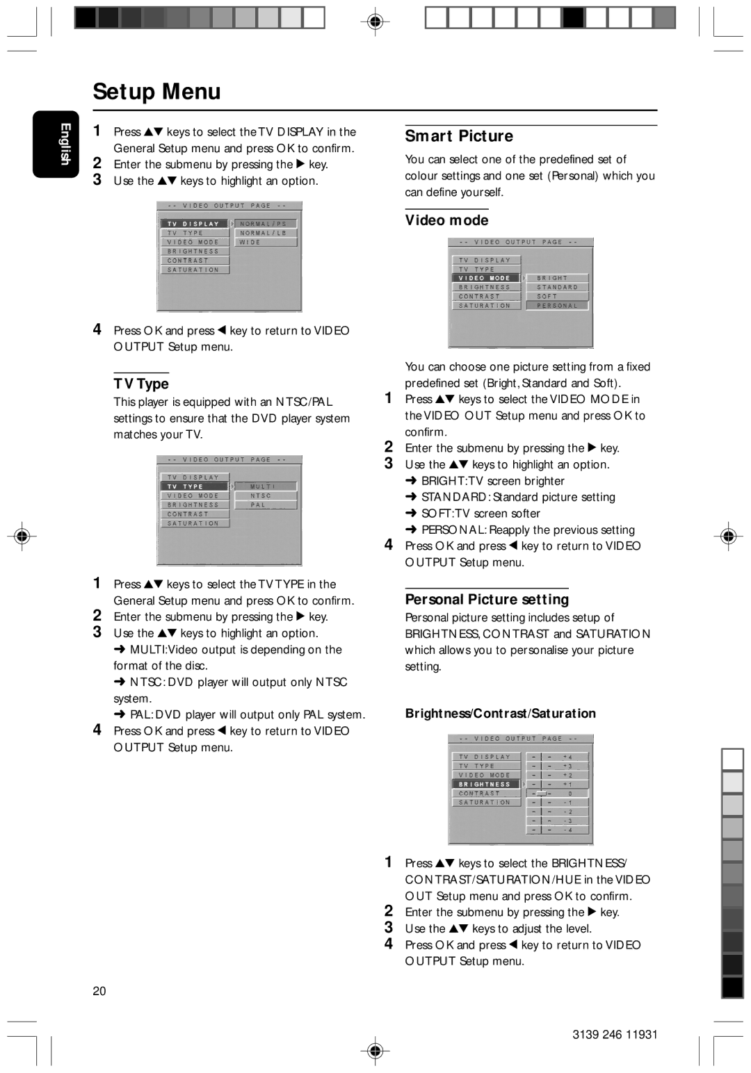 Philips Dvd 733 manual Smart Picture, Video mode, TV Type, Personal Picture setting, Brightness/Contrast/Saturation 