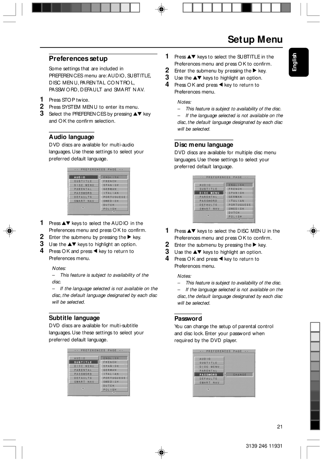 Philips Dvd 733 manual Preferences setup, Audio language, Disc menu language, Subtitle language Password 