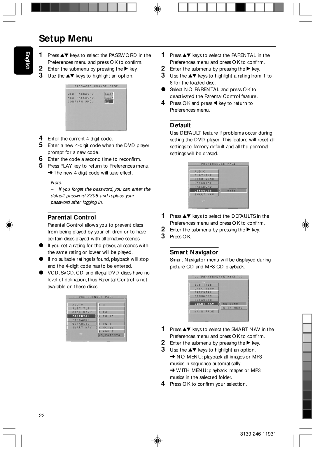 Philips Dvd 733 manual Parental Control, Default, Smart Navigator 