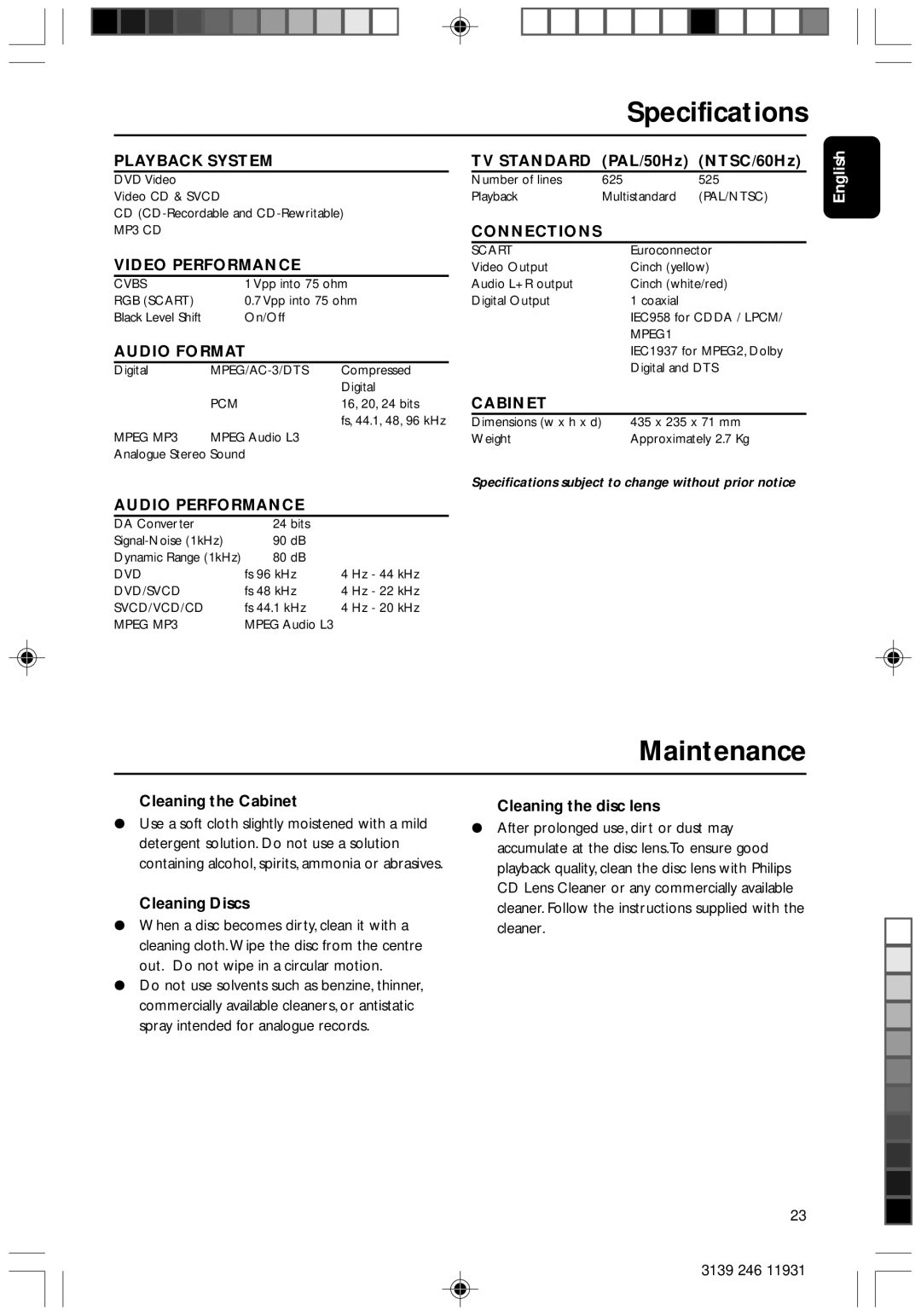 Philips Dvd 733 manual Specifications, Maintenance 