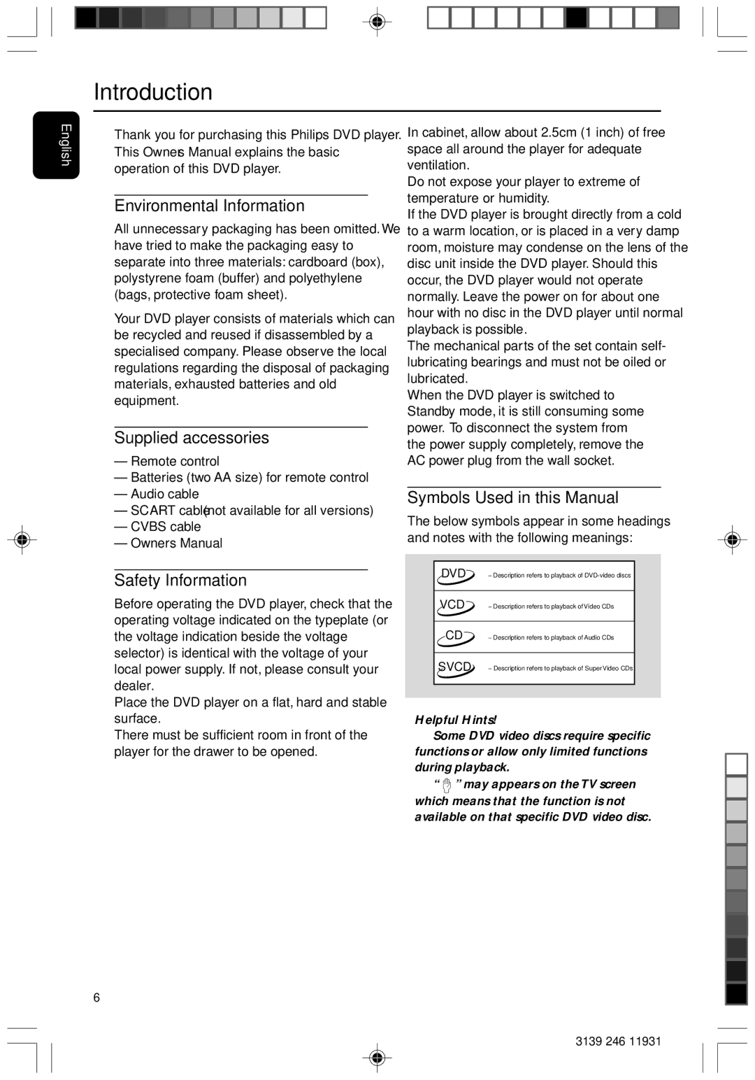 Philips Dvd 733 manual Introduction, Environmental Information, Supplied accessories, Safety Information 