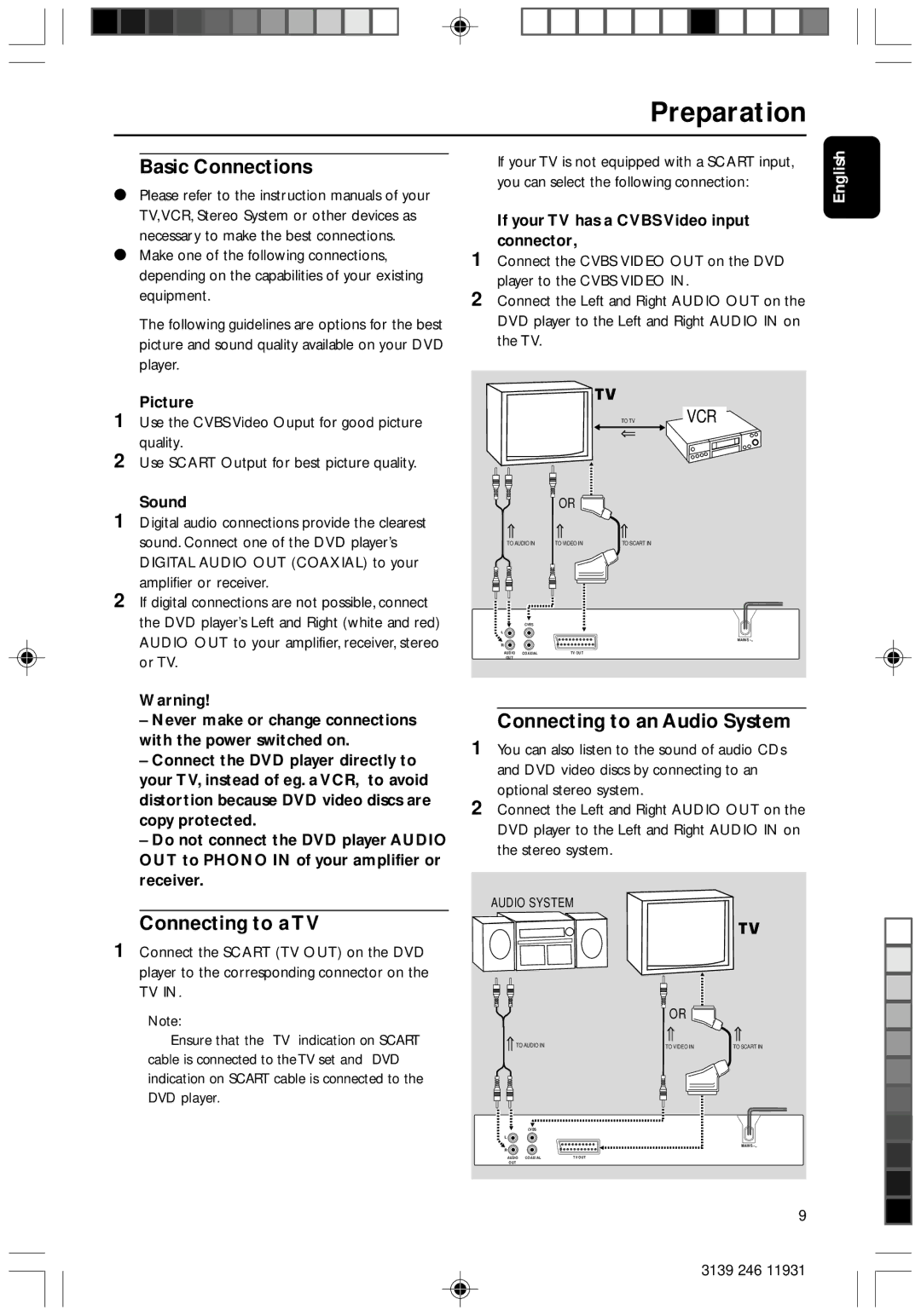 Philips Dvd 733 manual Preparation, Basic Connections, Connecting to a TV, Connecting to an Audio System 