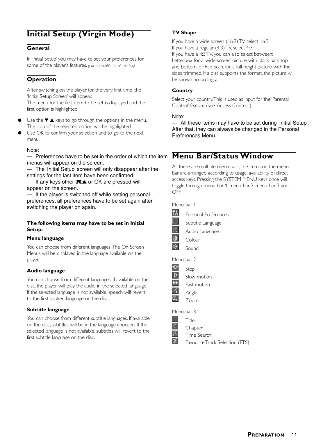 Philips DVD-762/051 manual Initial Setup Virgin Mode, Menu Bar/Status Window, General, Operation 