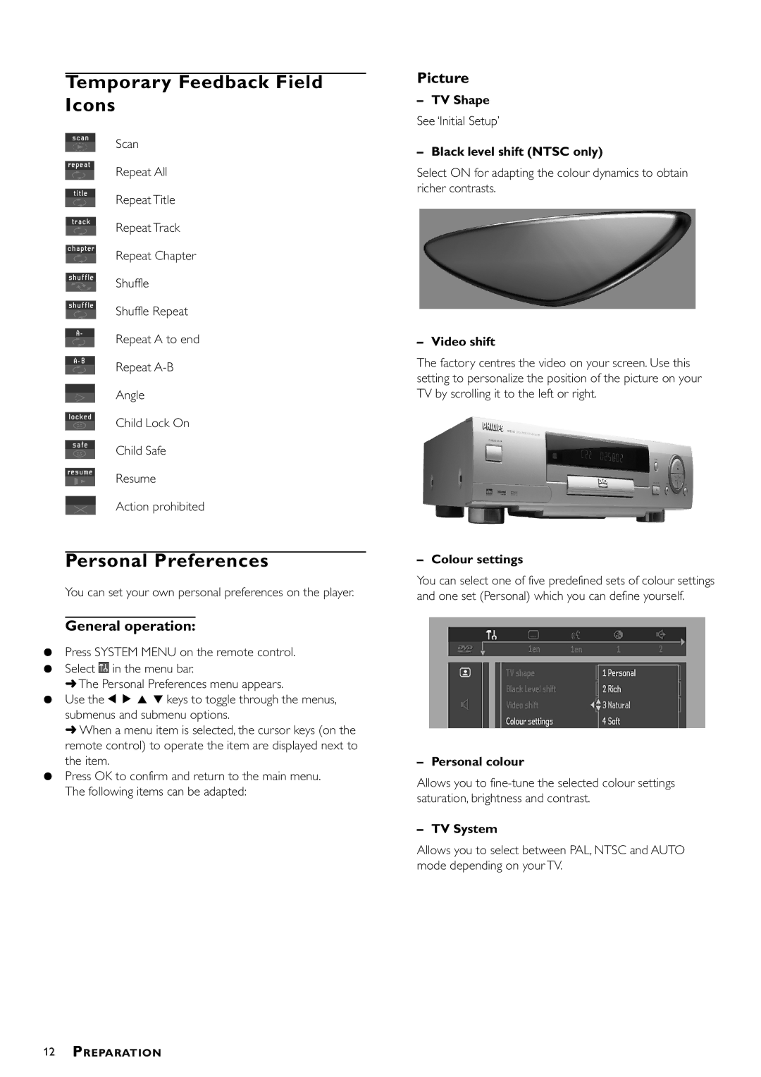 Philips DVD-762/051 manual Temporary Feedback Field Icons, Personal Preferences, General operation 