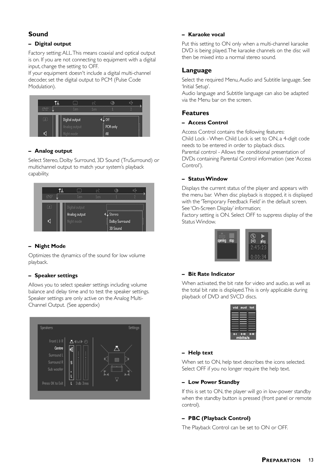 Philips DVD-762 Digital output, Analog output, Night Mode, Speaker settings, Karaoke vocal, Access Control, Status Window 