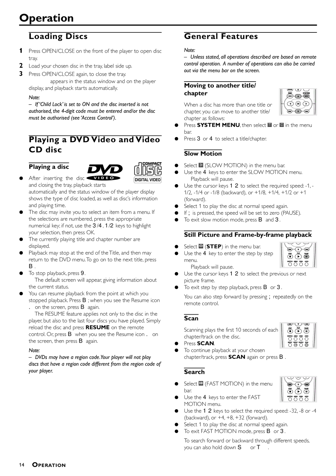 Philips DVD-762/051 manual Operation, Loading Discs, Playing a DVD Video and Video CD disc, General Features 