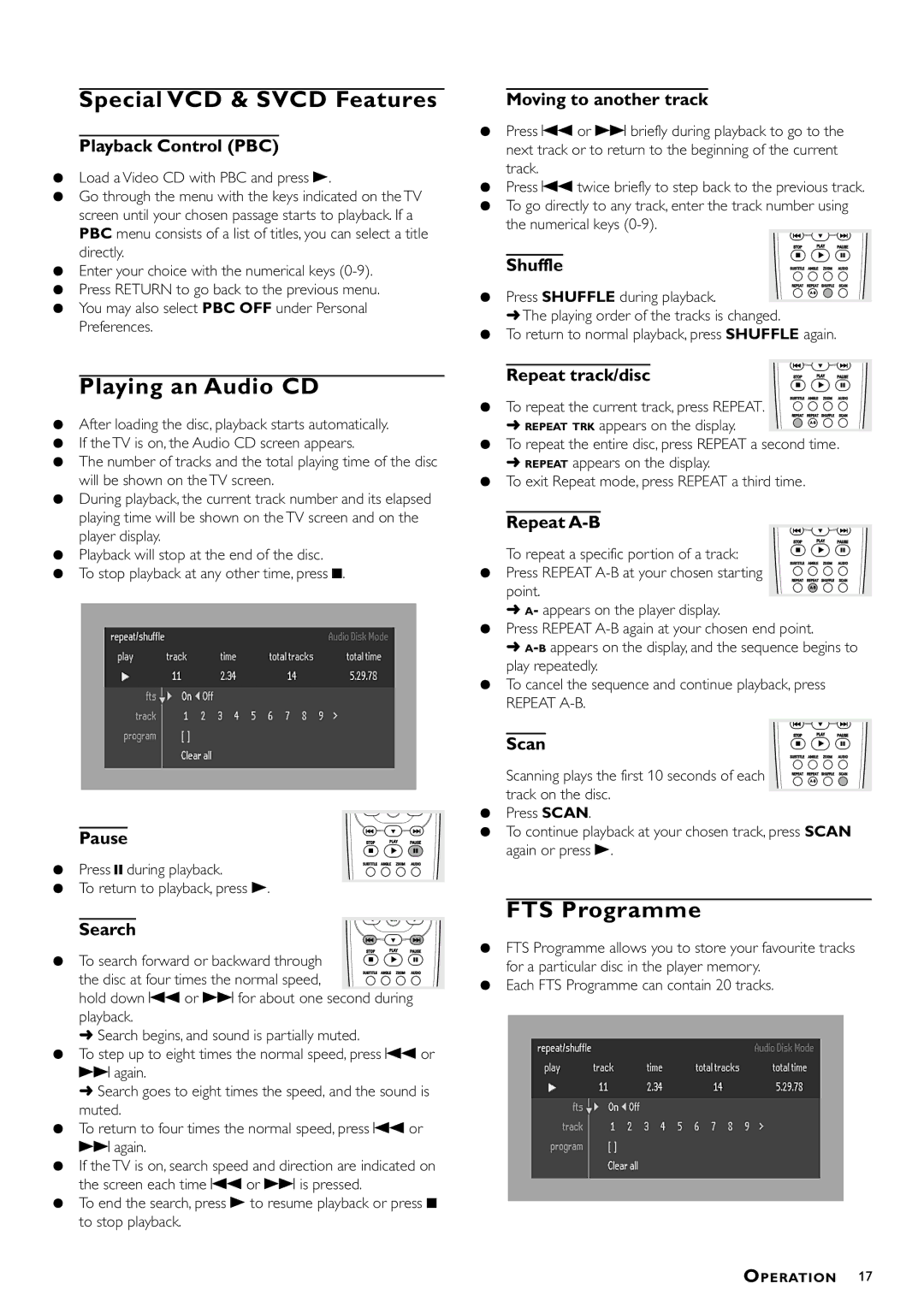 Philips DVD-762/051 manual Special VCD & Svcd Features, Playing an Audio CD, FTS Programme 