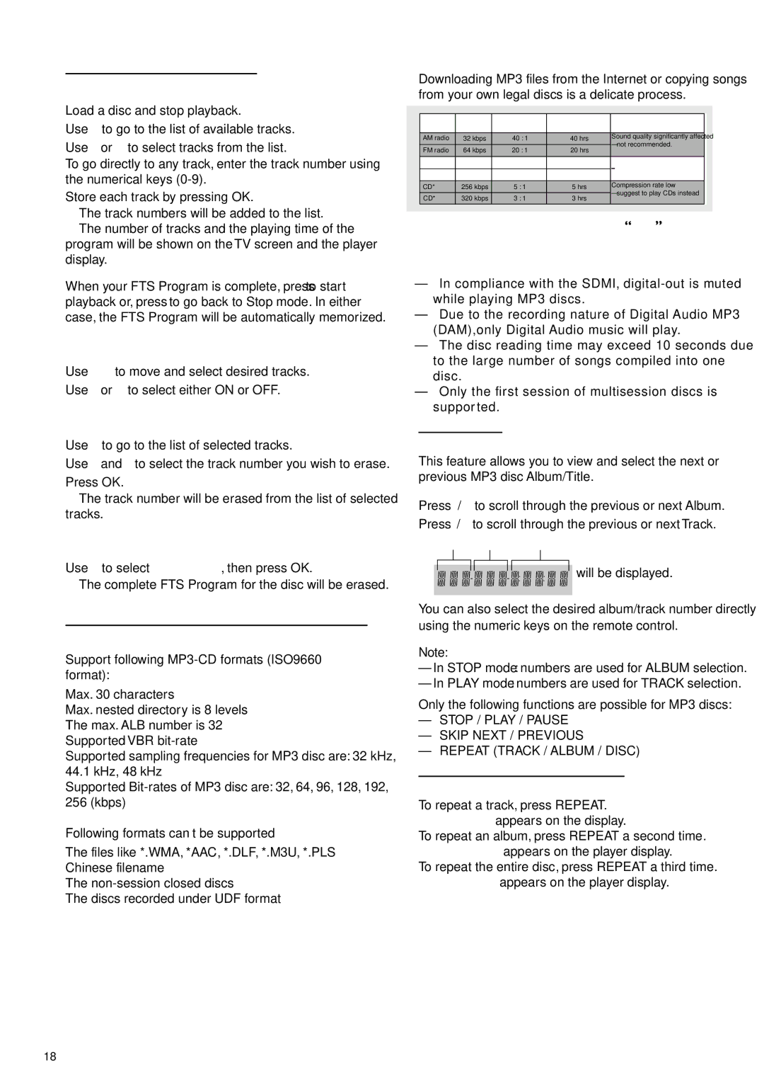 Philips DVD-762/051 manual MP3 Disc Features, Storing an FTS Programme, Album/Title, MP3 Discs Album/Track/Disc 