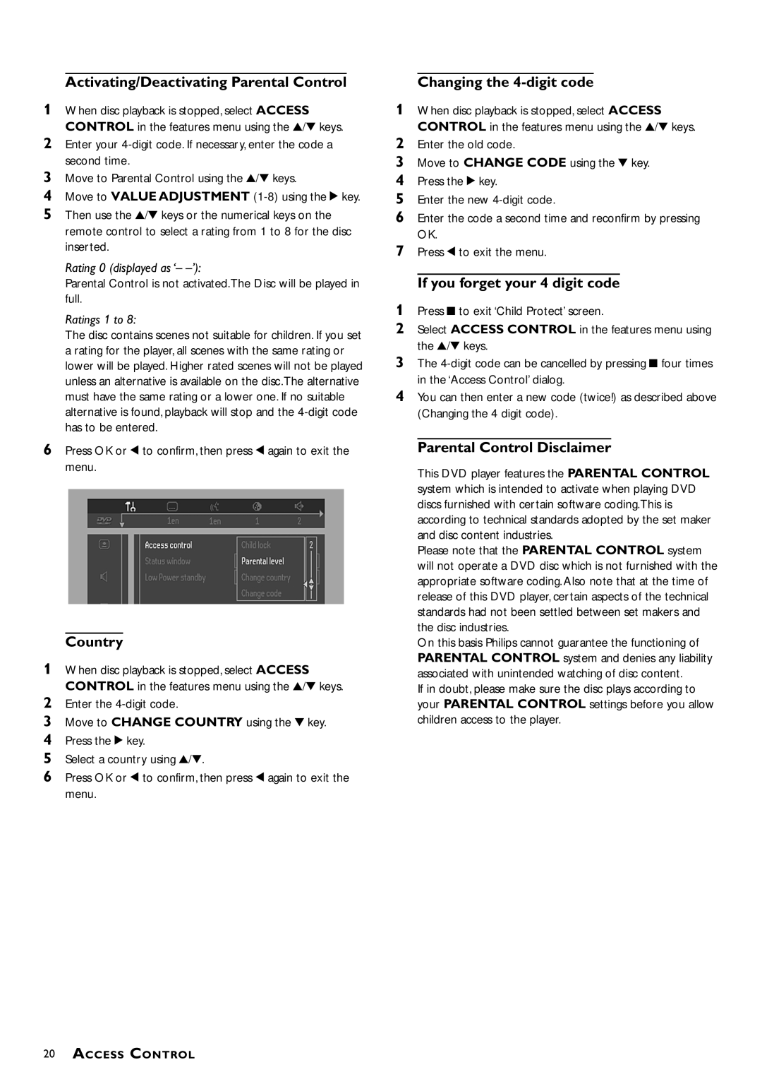 Philips DVD-762/051 manual Activating/Deactivating Parental Control, Country, Changing the 4-digit code 