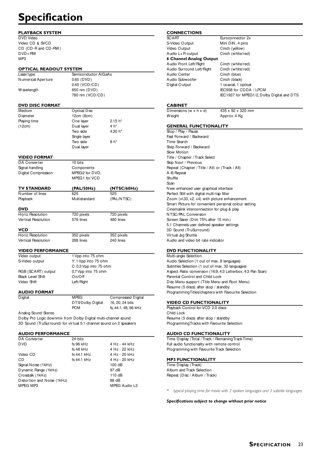 Philips DVD-762/051 manual Specification, Optical Readout System 