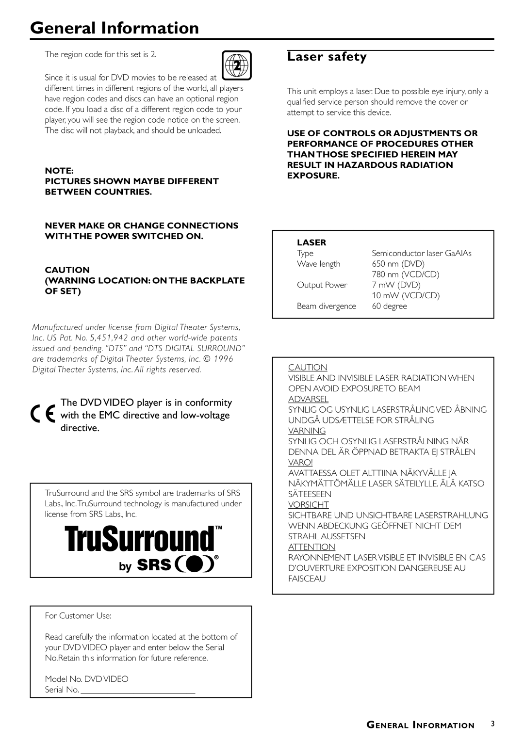 Philips DVD-762/051 manual General Information, Laser safety, Region code for this set is, Model No. DVD Video Serial No 