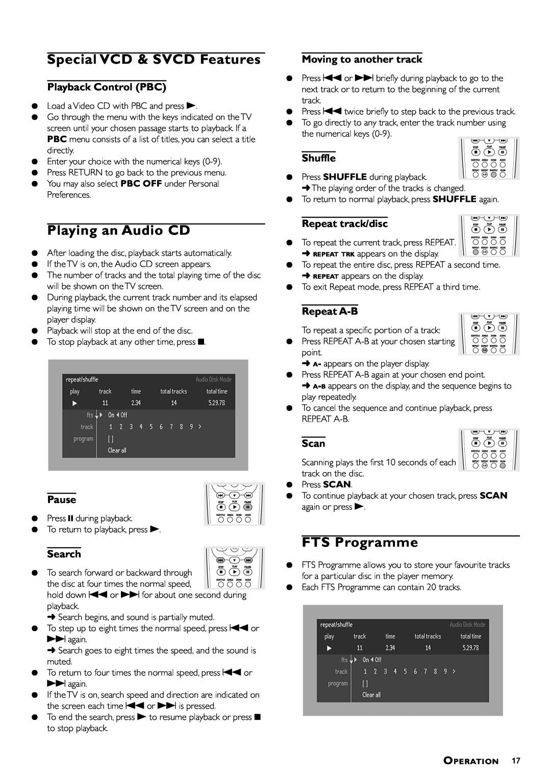 Philips DVD-762 Special VCD & SVCD Features, Playing an Audio CD, FTS Programme, Playback Control PBC, Pause, Shuffle 