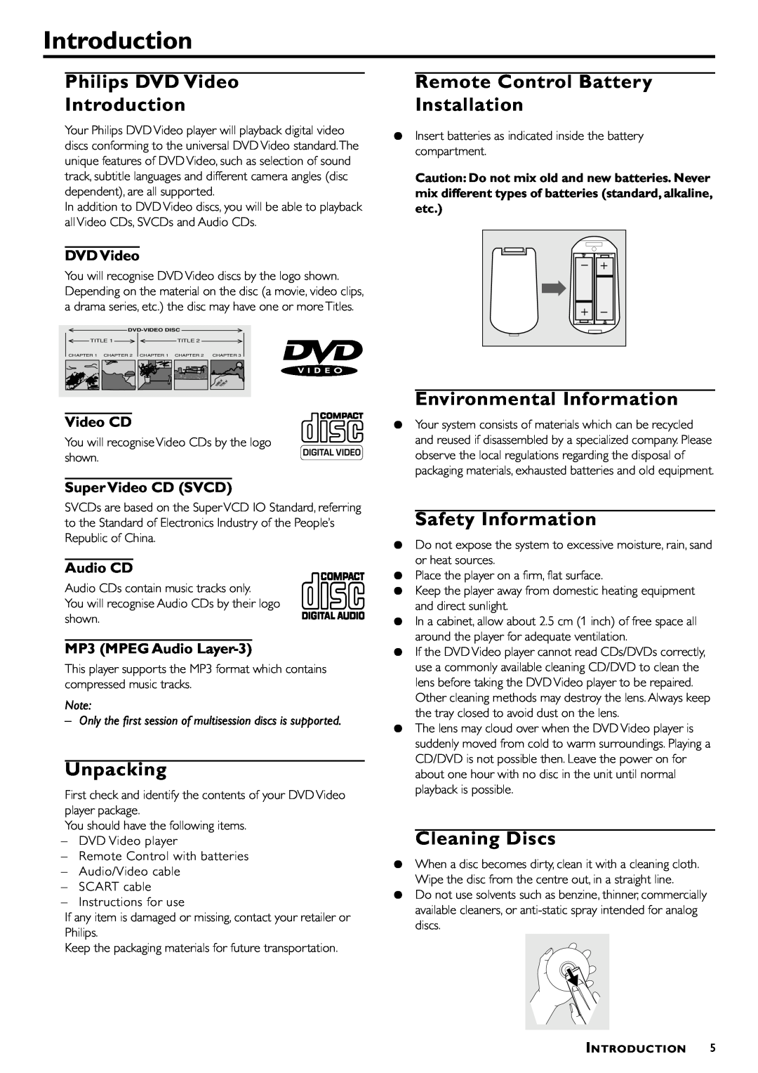 Philips DVD-762 Philips DVD Video Introduction, Unpacking, Remote Control Battery Installation, Safety Information 