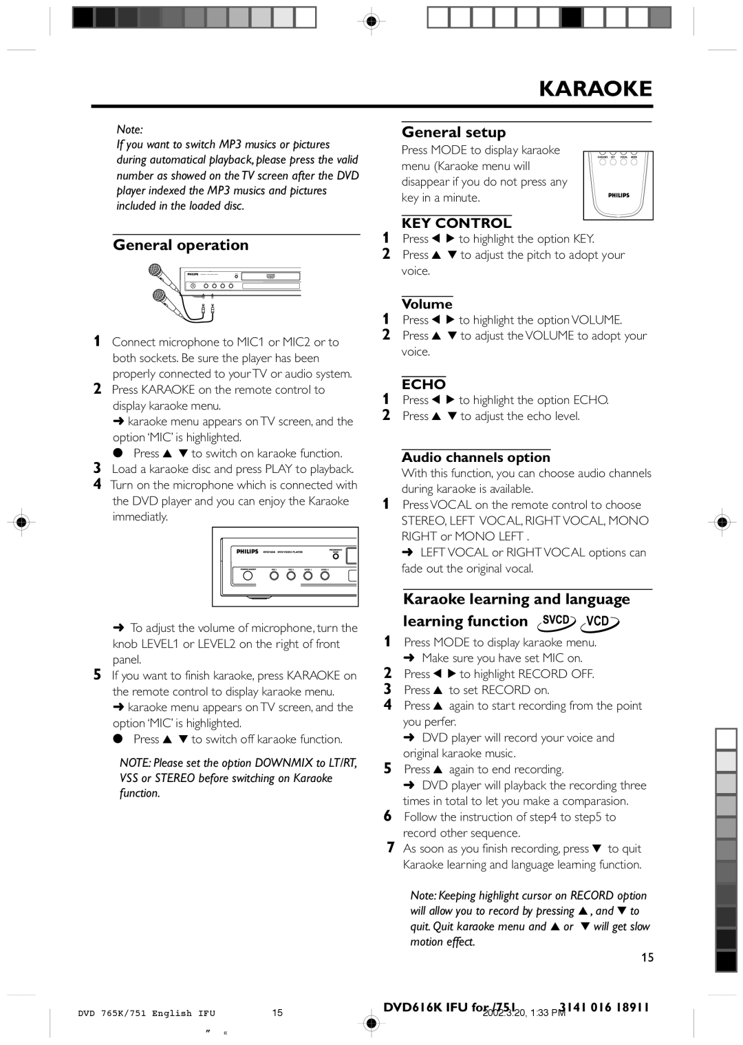 Philips DVD 765K manual General setup, Karaoke learning and language Learning function VCD, Volume, Audio channels option 