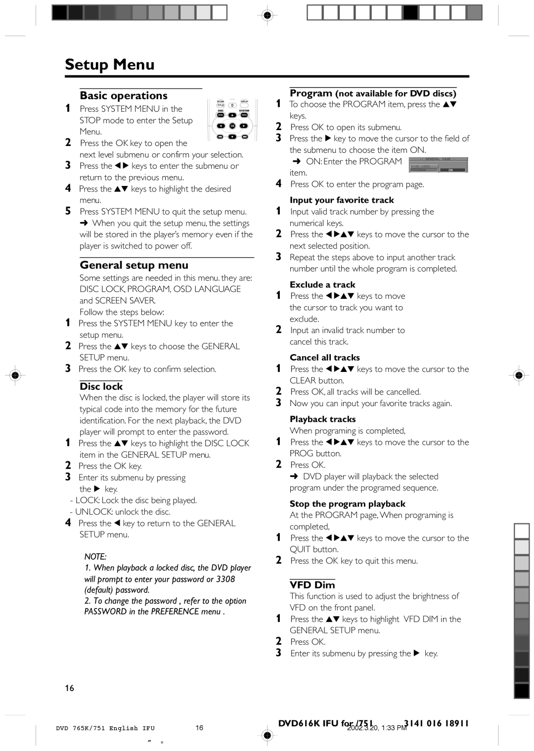 Philips DVD 765K manual Setup Menu, Basic operations, General setup menu, Disc lock, VFD Dim 