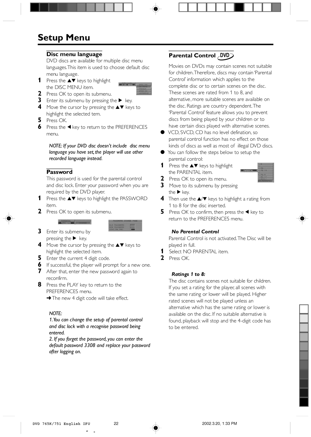 Philips DVD 765K manual Disc menu language, Password, Parental Control DVD 
