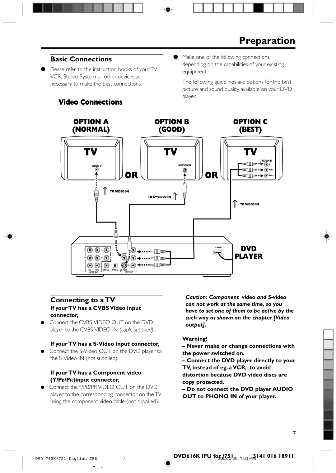 Philips DVD 765K manual Preparation, Basic Connections, Connecting to a TV 