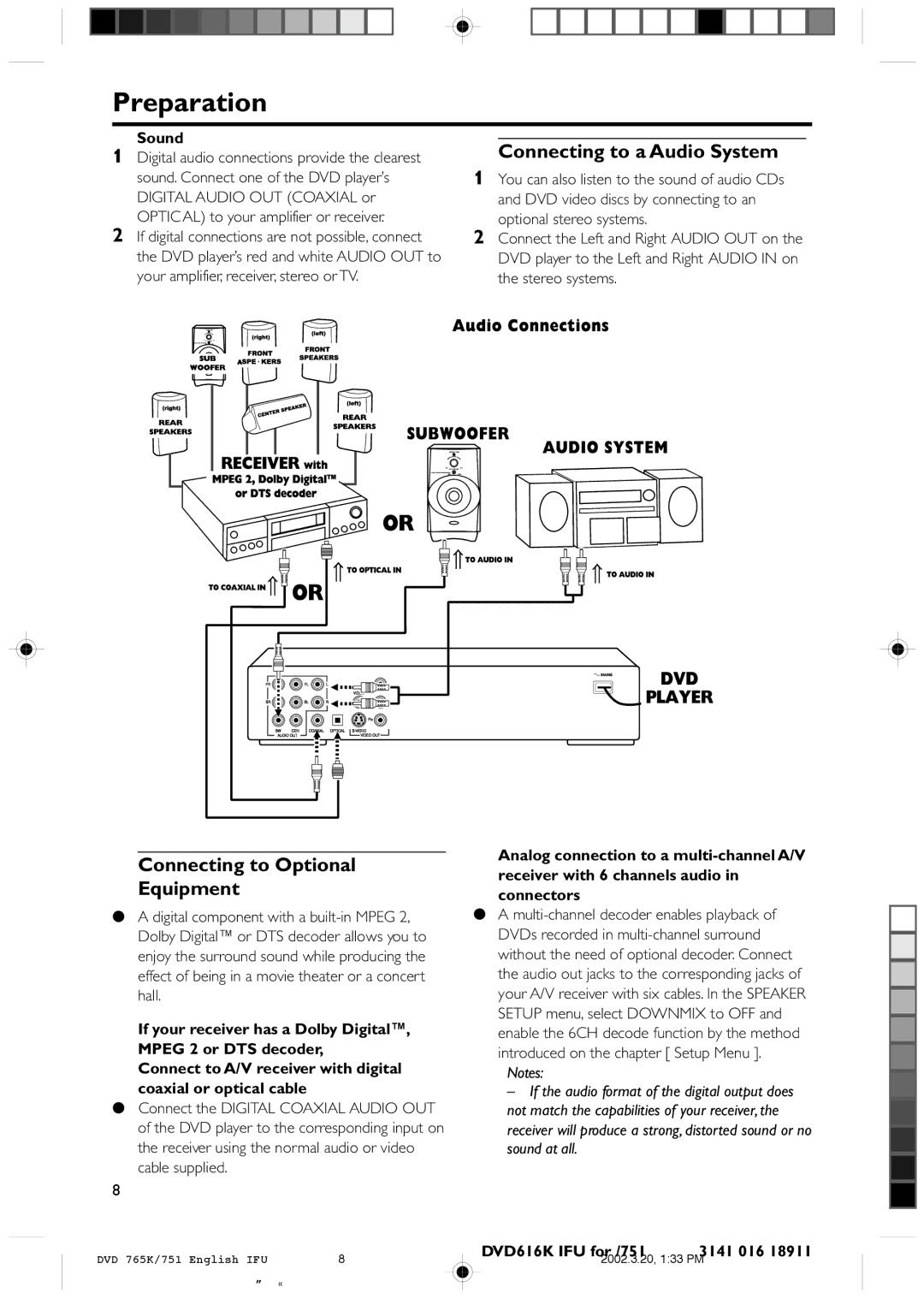 Philips DVD 765K manual Connecting to Optional Equipment, Connecting to a Audio System, Sound 