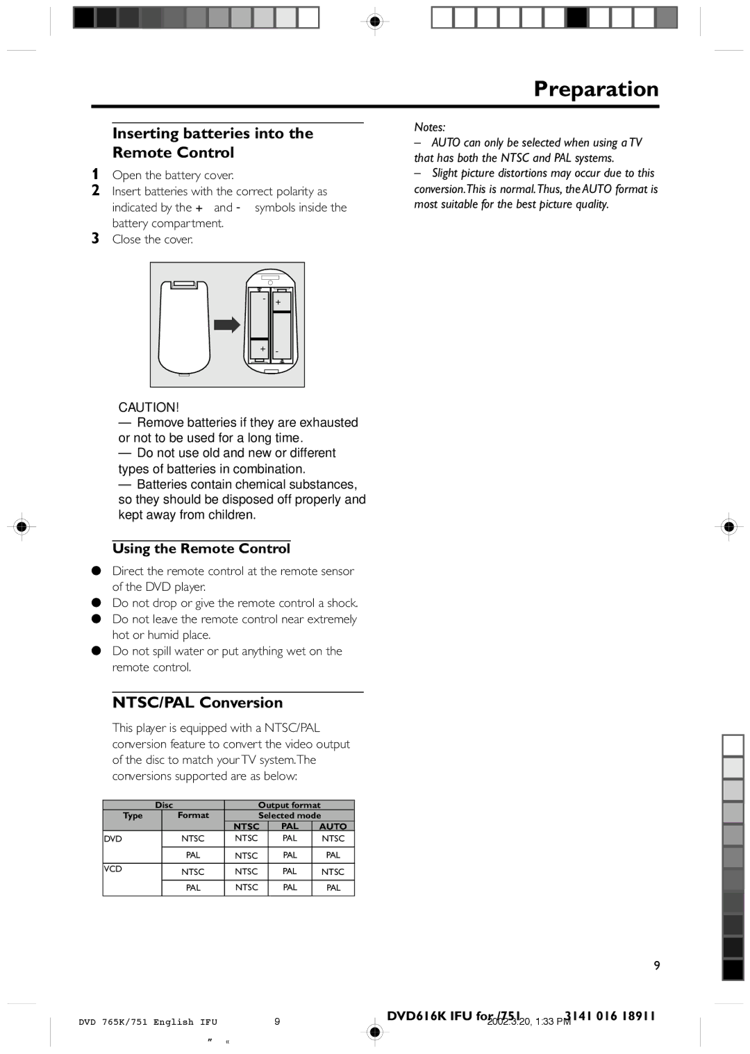 Philips DVD 765K manual Inserting batteries into Remote Control, NTSC/PAL Conversion, Using the Remote Control 