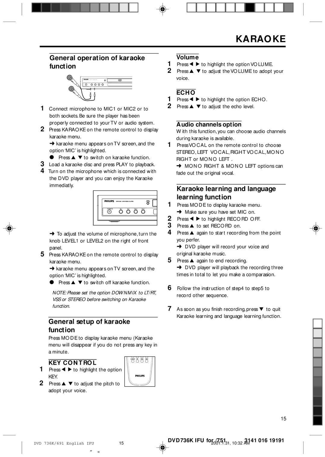 Philips DVD 691 General operation of karaoke function, General setup of karaoke function, Volume, Audio channels option 