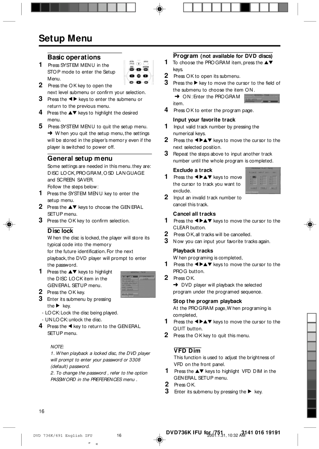 Philips DVD 931, DVD 691 manual Setup Menu, Basic operations, General setup menu, Disc lock, VFD Dim 