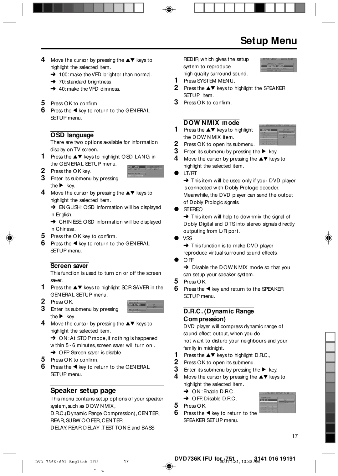 Philips DVD 691, DVD 931 manual Speaker setup, OSD language, Screen saver, Downmix mode, C. Dynamic Range Compression 