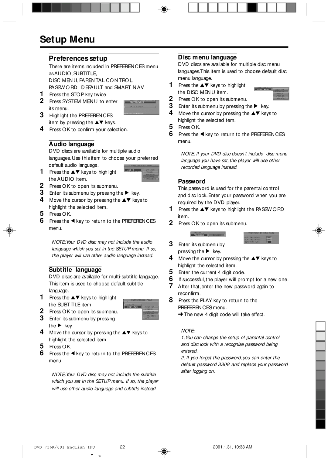 Philips DVD 931, DVD 691 manual Preferences setup, Audio language, Subtitle language, Disc menu language, Password 