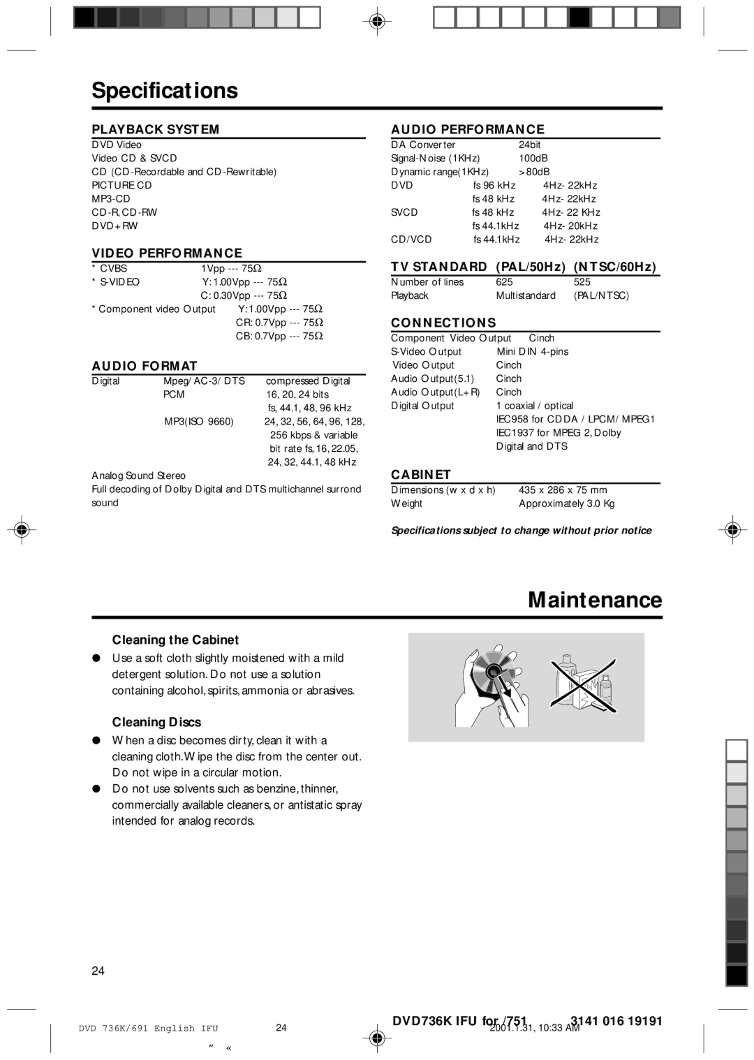 Philips DVD 931, DVD 691 manual Specifications, Maintenance 