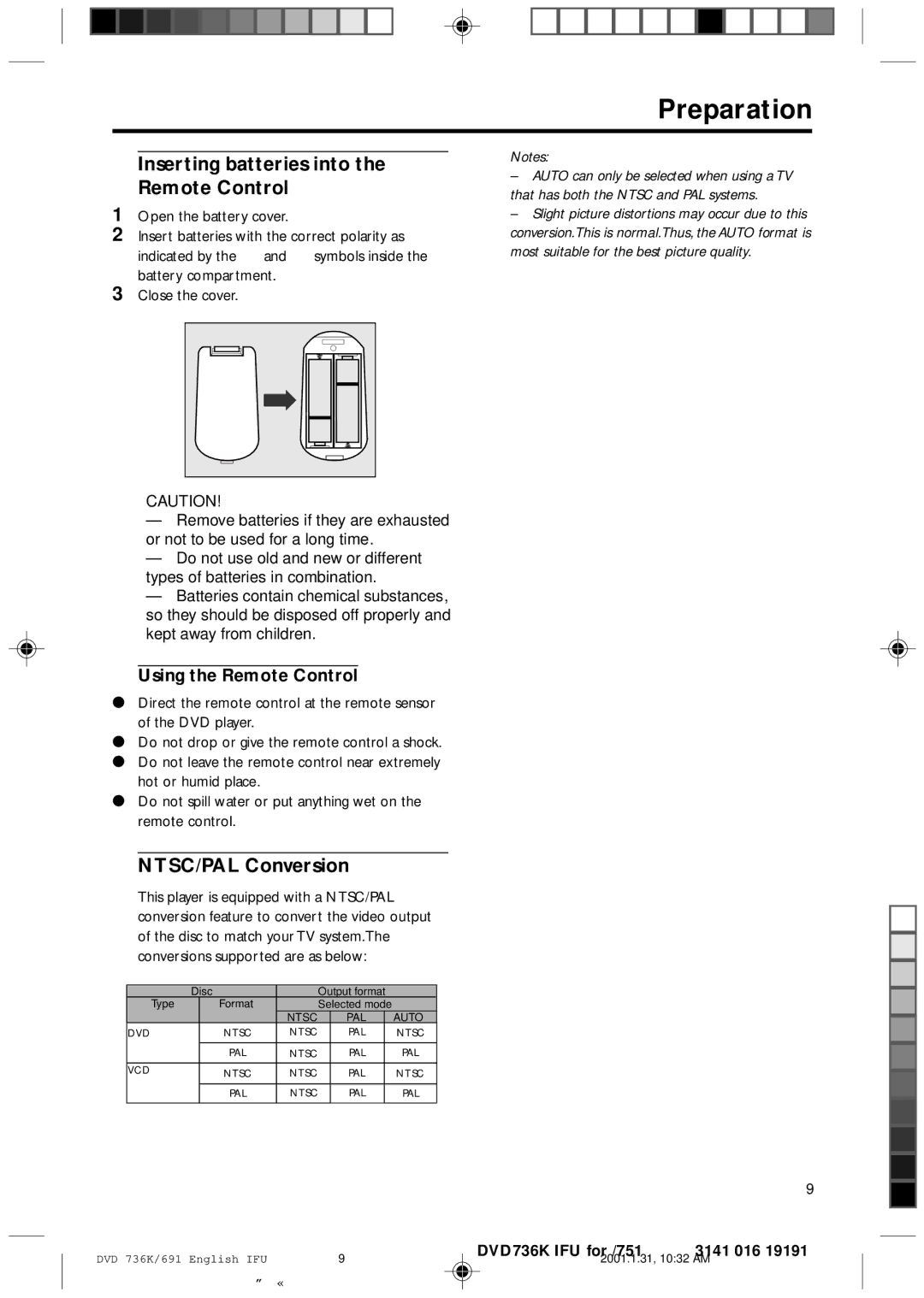 Philips DVD 691, DVD 931 manual Inserting batteries into Remote Control, NTSC/PAL Conversion, Using the Remote Control 